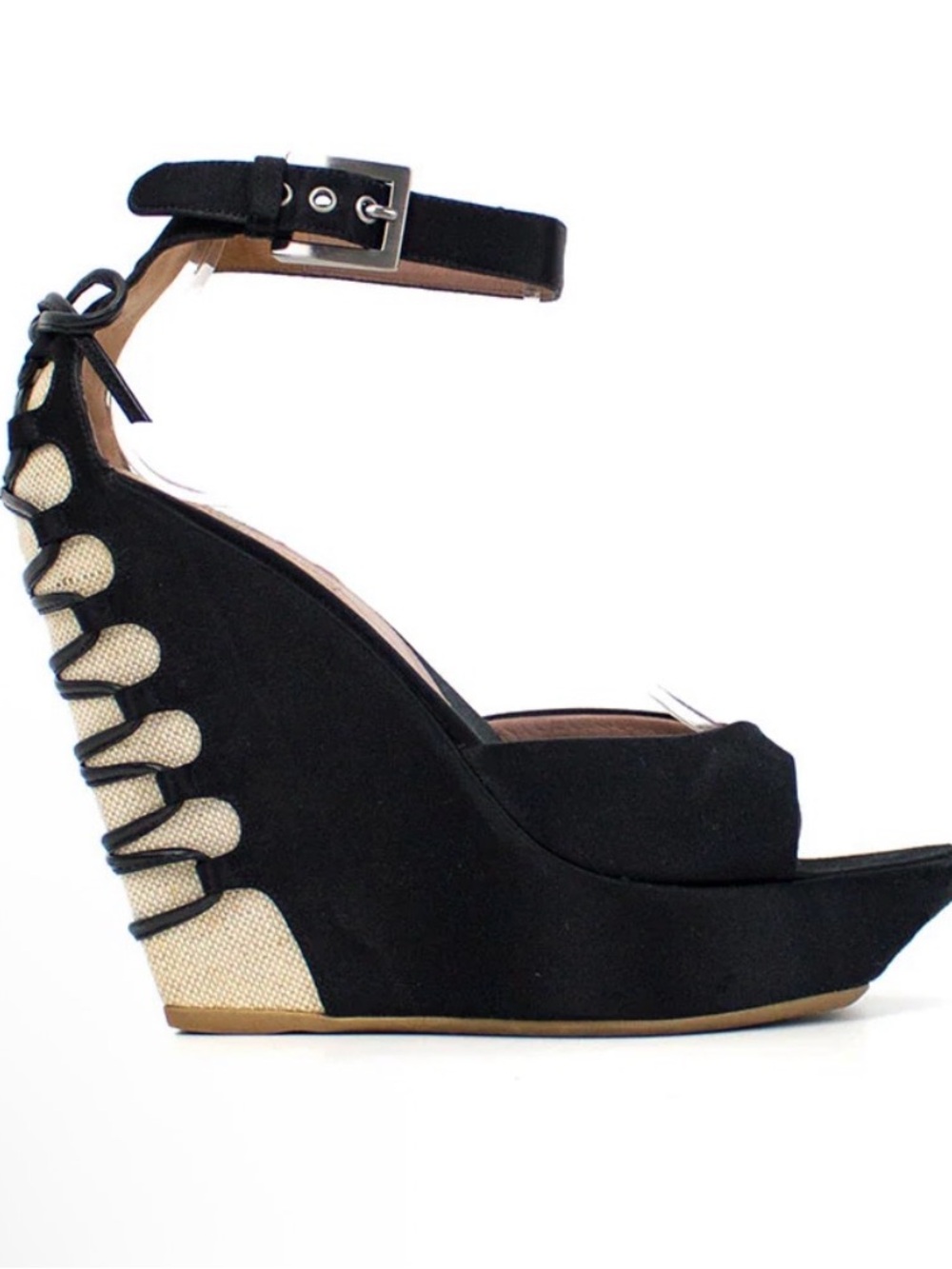 Alaia Black Suede Platform Wedge Sandals with Natural Raffia Inset